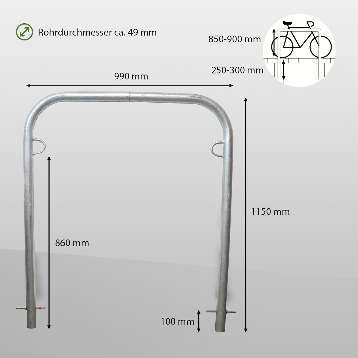 Fahrradanlehnbügel 115 x 99 cm Stahl feuerverzinkt Ø 49 mm grau Einbetonieren Fahrradständer Parker Typ U