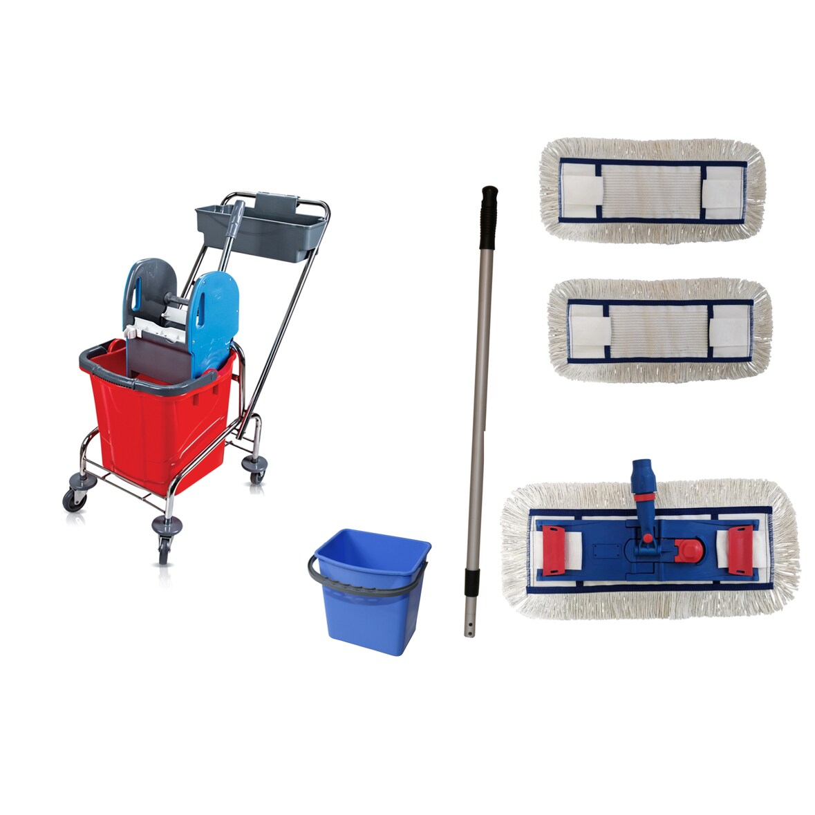 CleanSV® Wischset chrom Laschenmop 40 cm, Ablage + 5 L- Eimer, Reinigungswagen 1 x 18 Liter Eimer, Bodenwischer, Putzwagen