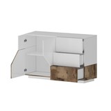 thumbnail of Dmora Kommode Ludovico, Küchen-Sideboard mit 2 Türen und 3 Schubladen, Wohnzimmer-Buffet, 100 % Made in Italy, cm 141x43h86, glänzend weiß und Ahorn