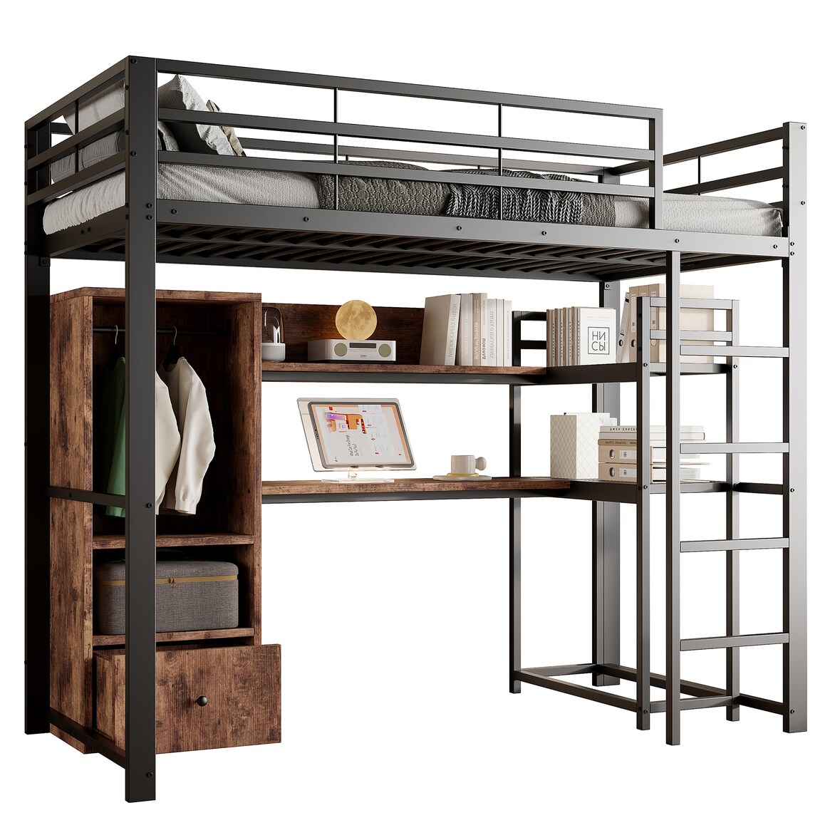 Hochbett 140x200 aus Metall mit LED-Beleuchtung, Schreibtisch und Stauraum, modernes Etagenbett mit Regalen und Schubladen Schwarz