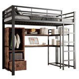 thumbnail of Hochbett 140x200 aus Metall mit LED-Beleuchtung, Schreibtisch und Stauraum, modernes Etagenbett mit Regalen und Schubladen Schwarz