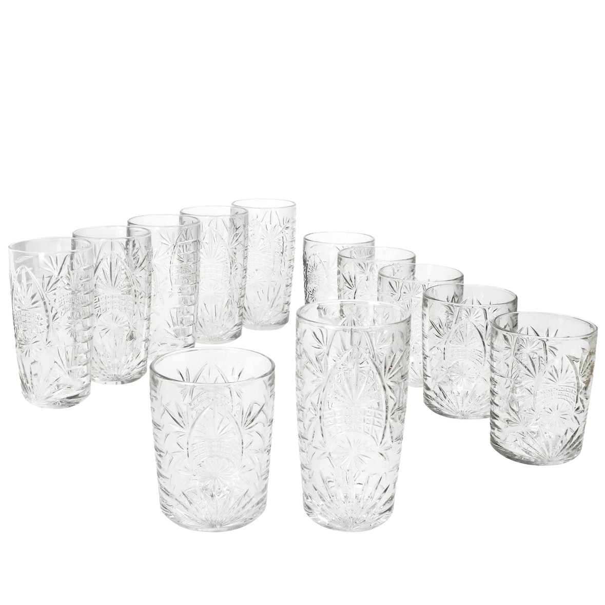 12tlg Set STARLA Longdrink-Gläser & Whisky-Tumbler mit Relief - 6x 829549 + 6x 829556