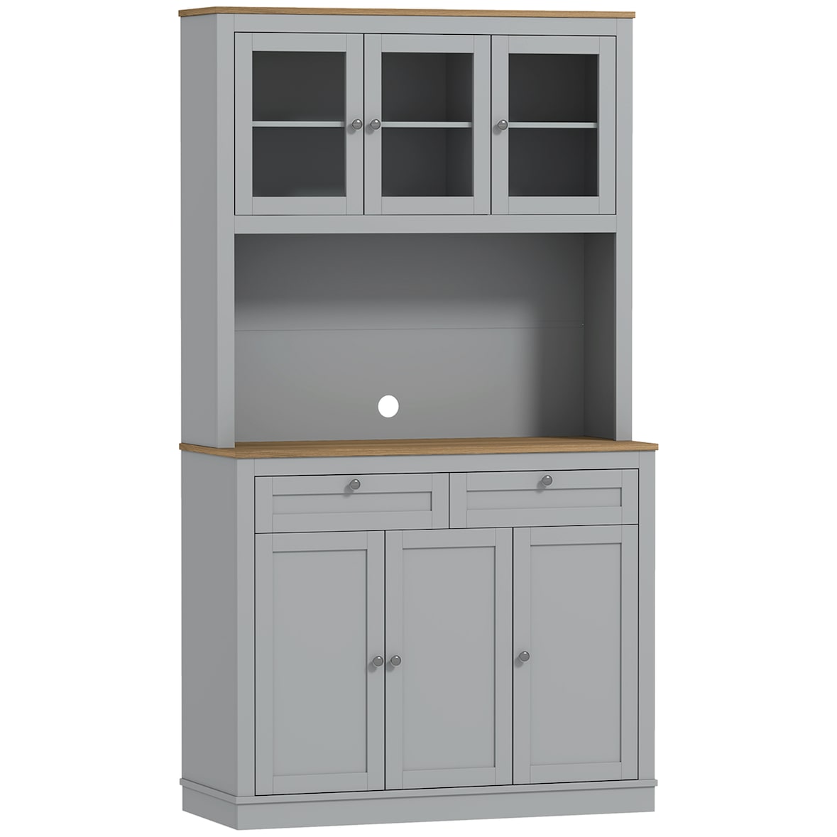 HOMCOM alacena de cocina, con 3 puertas de vidrio, encimera abierta para microondas, 2 cajones y estantes ajustables, 100x40x180 cm, gris