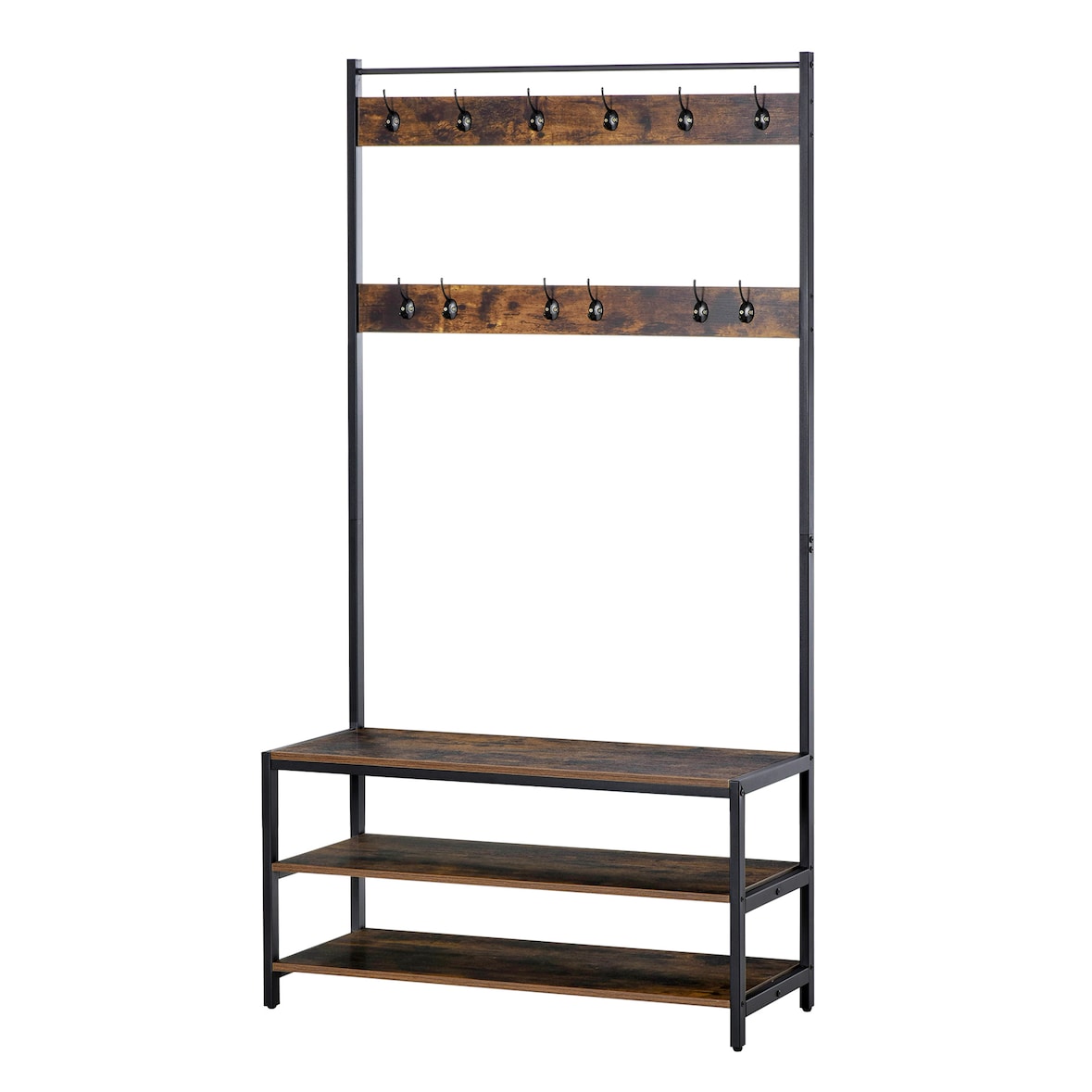 HOMCOM Cabide com sapateira Cabide com 12 ganchos Banco estilo industrial com 3 prateleiras Estrutura metálica 100x40x184 cm Castanho Rústico e Preto