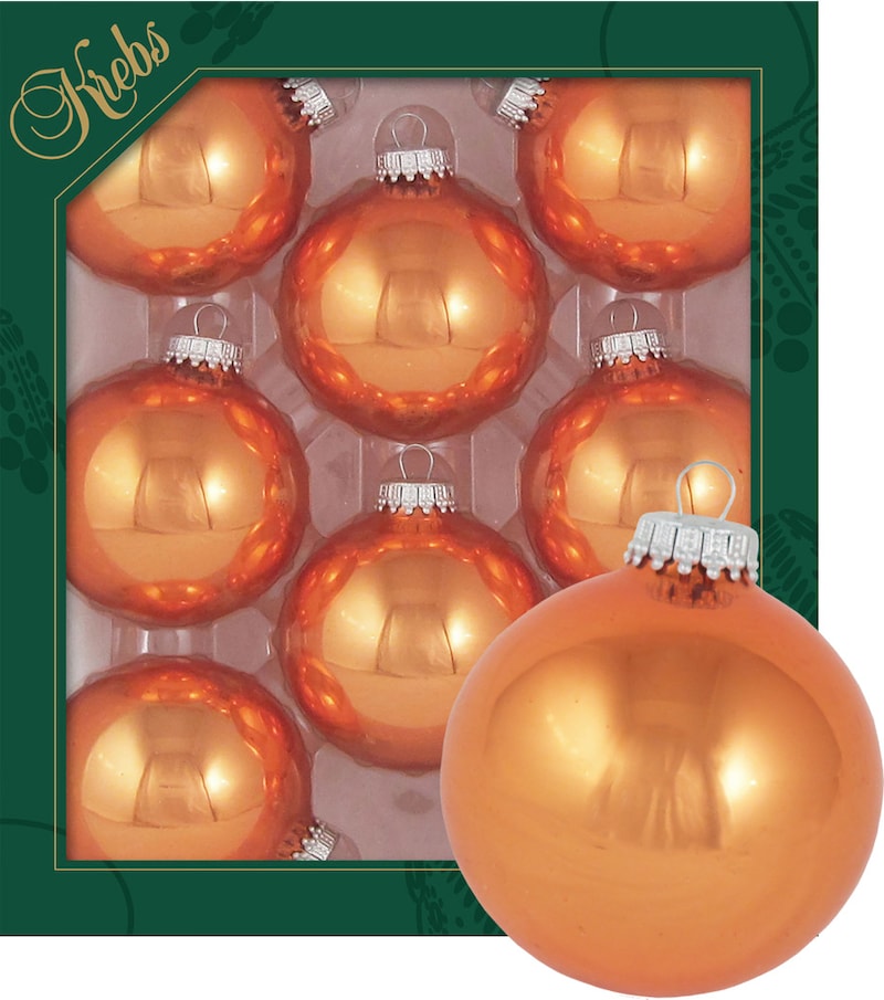 Ein Paket mit acht orangefarbenen Glasornamenten.