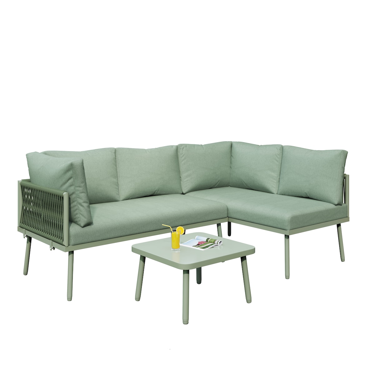 Merax Garten-Lounge-Set aus Eisen, Gartenmöbel-Set aus grünem Seil, L-förmiges Gartenmöbel-Set, Lounge-Set aus grünem Seil mit Sitzkissen