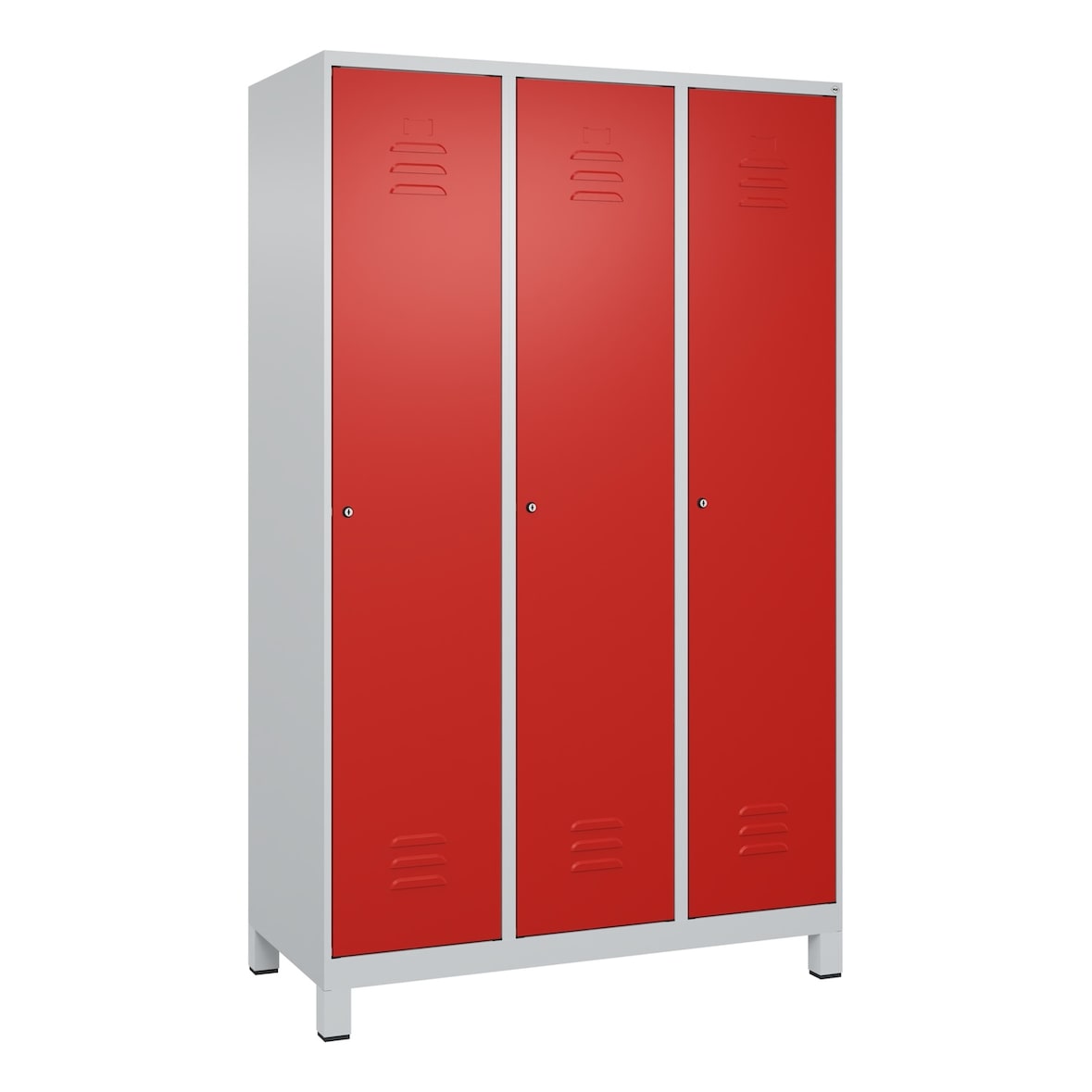 C+P Spind Classic PLUS, Füßen, 3 Abteile, HxBxT 195x120x50cm, Zylinderschloss, Hellgrau/Rot von PROREGAL