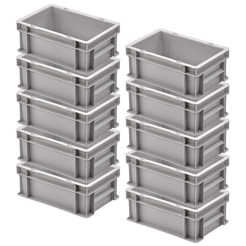 10x Transportbehälter/Lagerkasten, stapelbar, LxBxH 300 x 200 x 120 mm, extrem stabil, Boden und Wände geschlossen, Farbe grau