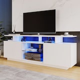 thumbnail of TV Lowboard 140x35x55 cm Weiß mit LED-Beleuchtung App-Steuerung 2 Hochglanz Türen 5 offene Fächer USB Betrieb für Wohnzimmer und Medienbereich