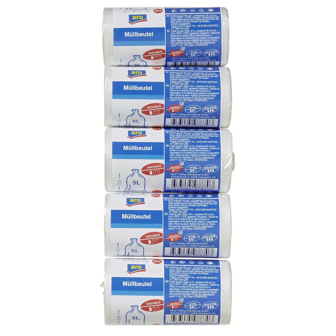 aro Sacos do lixo, HDPE + LDPE, 8 µm, 36 x 44 cm, 5 L, transparente, 5 rolos x 50 unidades (250 unidades)