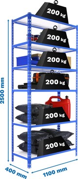 thumbnail of SimonRack Estantería Metálica, 2500x1100x400 mm, 6 Alturas, Bandeja Metal, 200 kg de Punto Flexión, Azul/Blanco - Simonclick