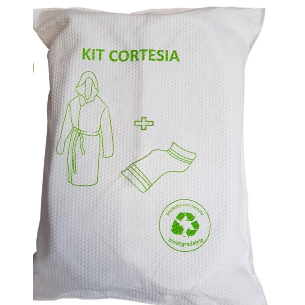 Kit cortesia bagno (accappatoio e telo) biodegradabile e riutilizzabile, taglia S/M (1 pezzo)
