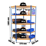 thumbnail of Maderclick Eckregal aus Metall ohne Schrauben, 5 Böden. Farbe BLAU/ORANGE/HOLZ 1800x900x500 mm