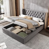 thumbnail of Polsterbett 140x190 mit hydraulischem Bettkasten, Lattenrost und Nieten-Details – elegantes Design, hoher Komfort, zusätzlicher Stauraum, Grau