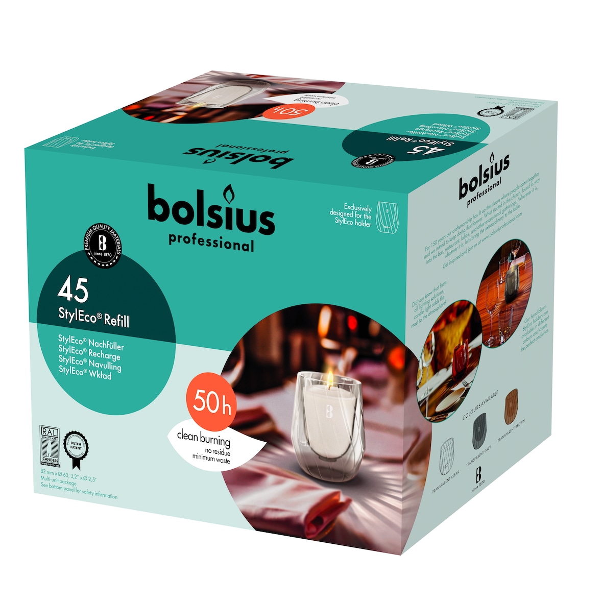 Bolsius confezione 45 StylEco ricarica in cera bianca, 8,2cm altezza, 6,3cm diametro, Tempo di bruciatura singola candela: 50 ore