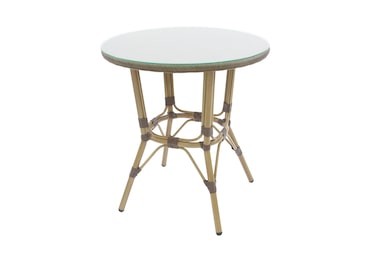 METRO PROFESSIONAL Mesa de bistrô, alumínio/tecido sintético/vidro, Ø 70 x 74 cm, com aspeto de bambu, castanho