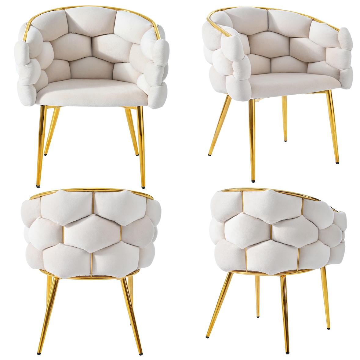 Esszimmerstuhl Samt Beige 44x41x74 cm mit goldfarbenem Rückengestell, Metallbeinen und verstellbaren Bodenausgleichern, komfortabel