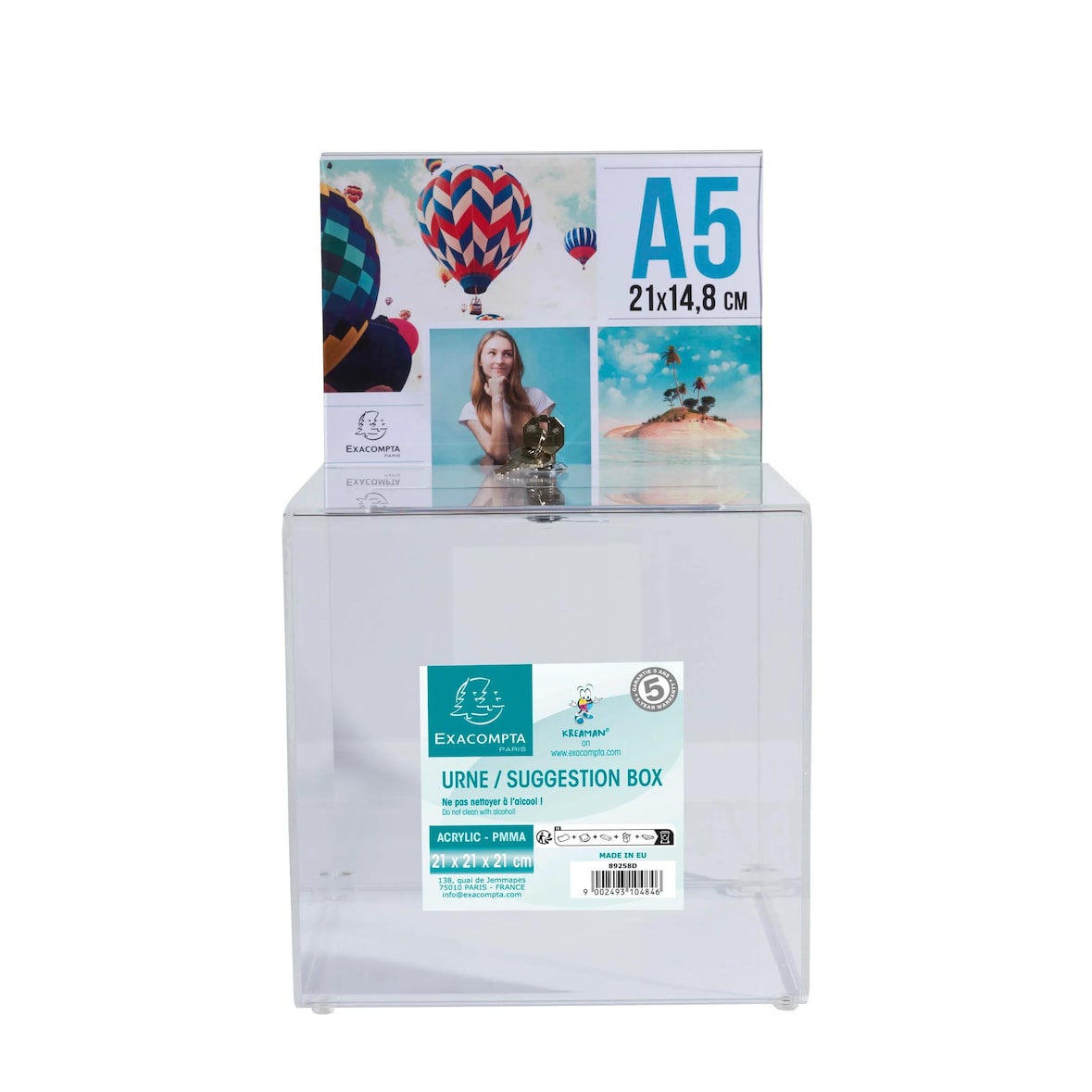 EXACOMPTA Urna trasparente con lucchetto e panello A5, cod. 89258D in PMMA (acrilico) trasparente, resistente ai raggi UV. Dimensioni 21x21x36,5 cm