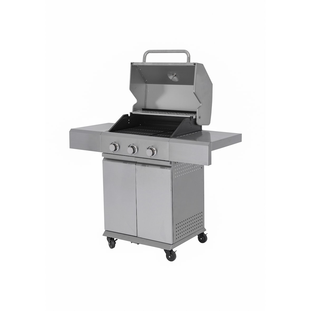 aro Barbecue a gas con 3 bruciatori, acciaio / acciaio inox, 122 x 57 x 114 cm, con tavolini laterali, coperchio con termometro, ruote, argento
