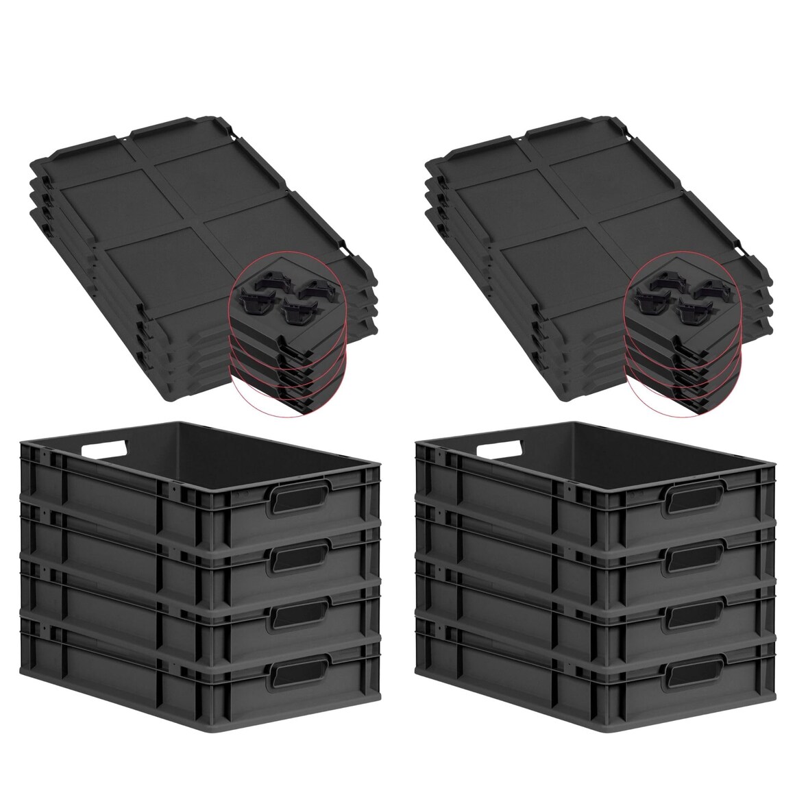 PROREGAL SuperSparSet 8x Eurobox NextGen Grip mit Auflagedeckel & 4 schwarzen Verschlüssen, HxBxT 12x40x60cm, 23L, Schwarz, Griffe offen, Eurobehälter