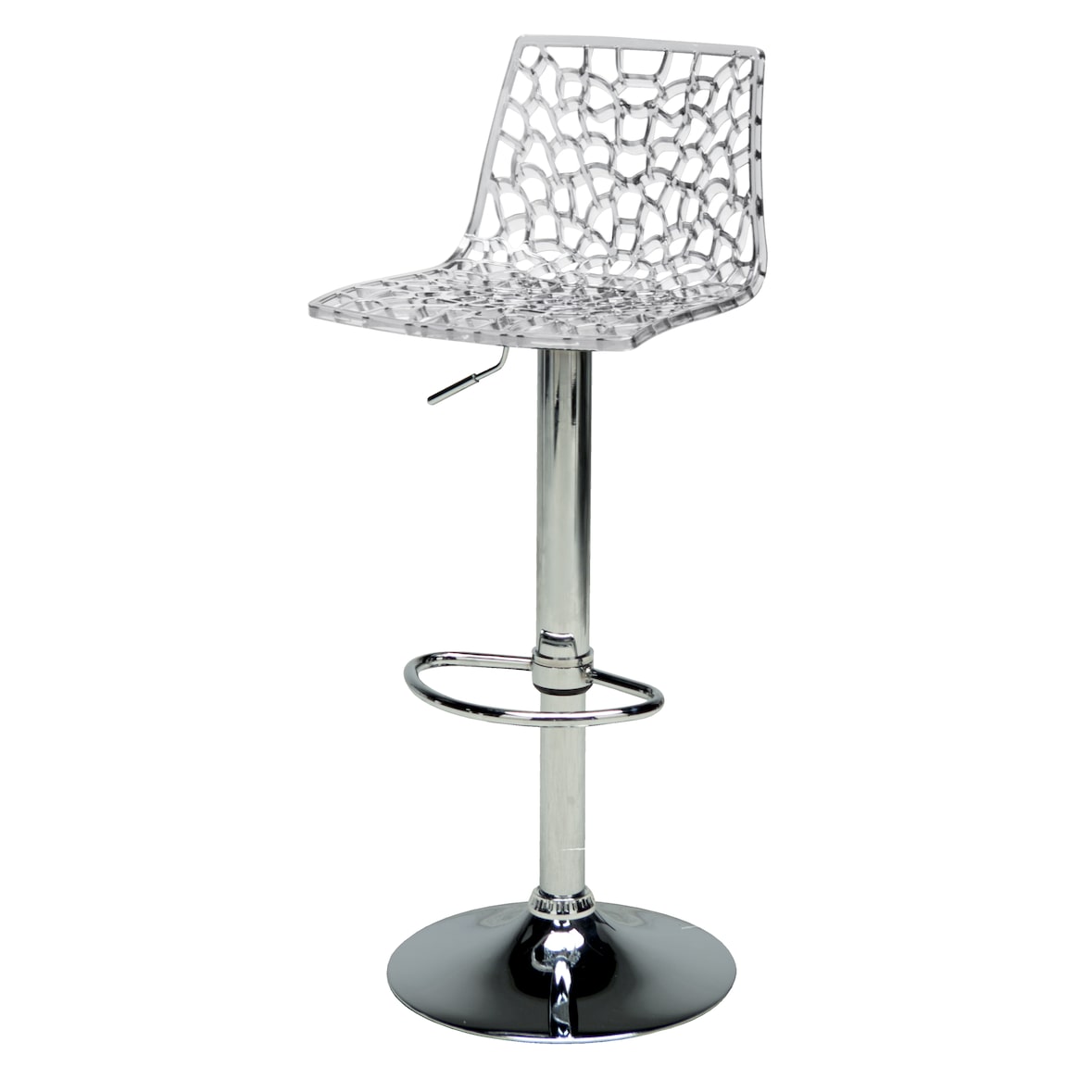 Sgabello SPIDER con la seduta in policarbonato trasparente con base cromata girevole, regolabile con poggiapiedi. 45x45x82/102
