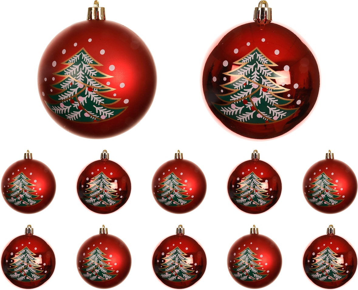 12 Weihnachtskugeln Kunststoff 8cm - Christbaumkugeln mit Motiv Weihnachtsbaumkugeln Christbaumschmuck Weihnachtsbaumschmuck bruchfest Rot