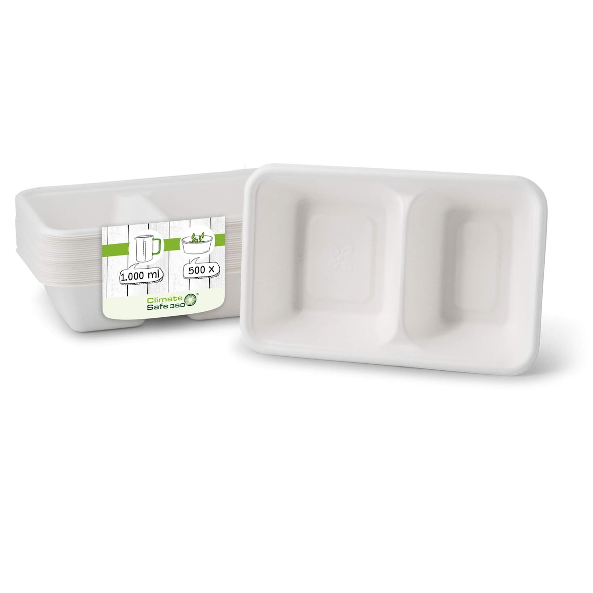 greenbox - Menüschalen aus Zuckerrohr 1000 ml, 23 x 14,5 x 5 cm, 2 Kammern, rechteckig, 500 St.