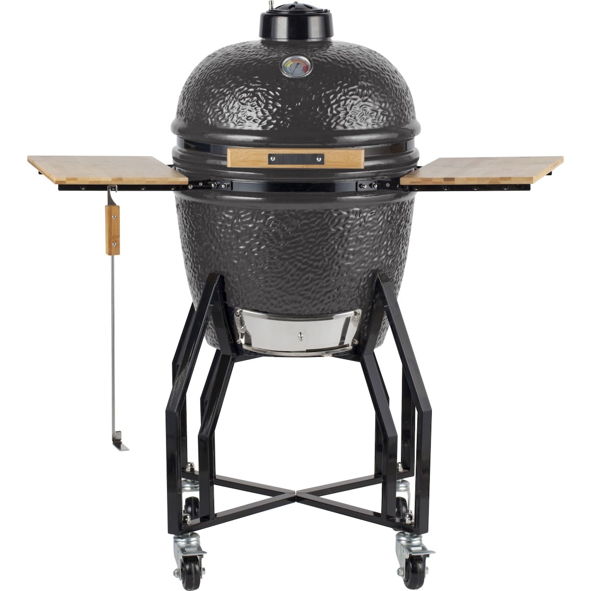 Barbecue à charbon de bois Kamado Céramique Gris - 2 zones de cuisson Grill & Fumoir Ø56cm - Barbecue mobile + 2 tablettes INTEC