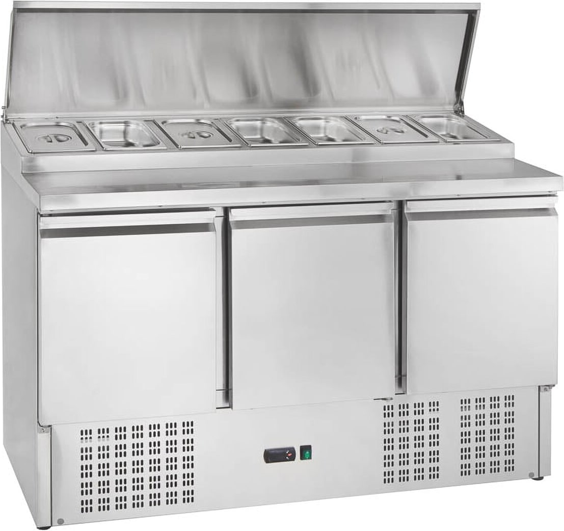 GastroHero Belegstation ECO 1365 Kühltisch 3 Türen 1365x700 mm für 7x GN 1/3 Belegkühlung 392L Edelstahl Saladette +2 bis +8 °C statische Kühlung R290