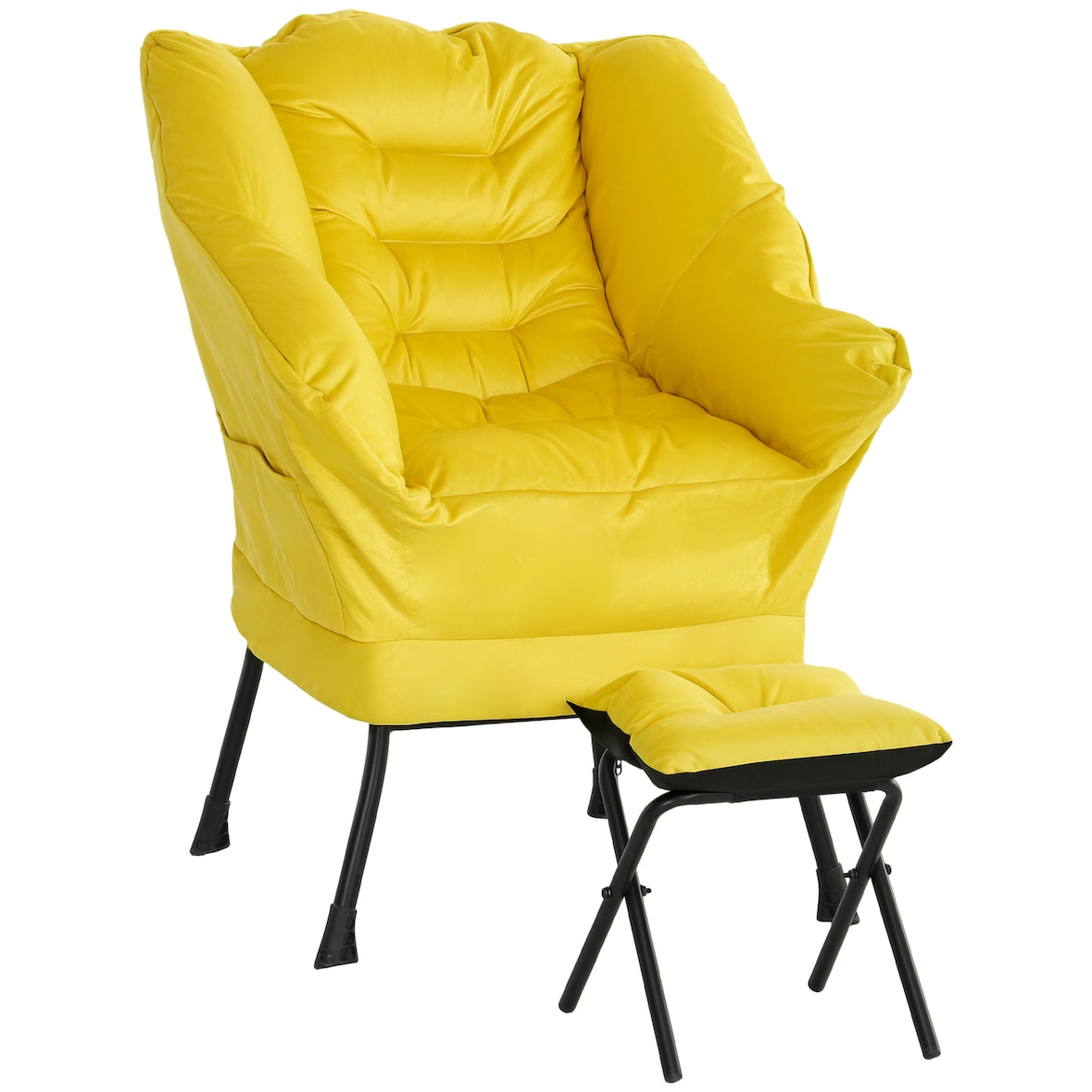 HOMCOM sillón de salón con otomana sillón de relax sillón para lectura con bolsillos laterales y patas de acero para sala de estar dormitorio amarillo