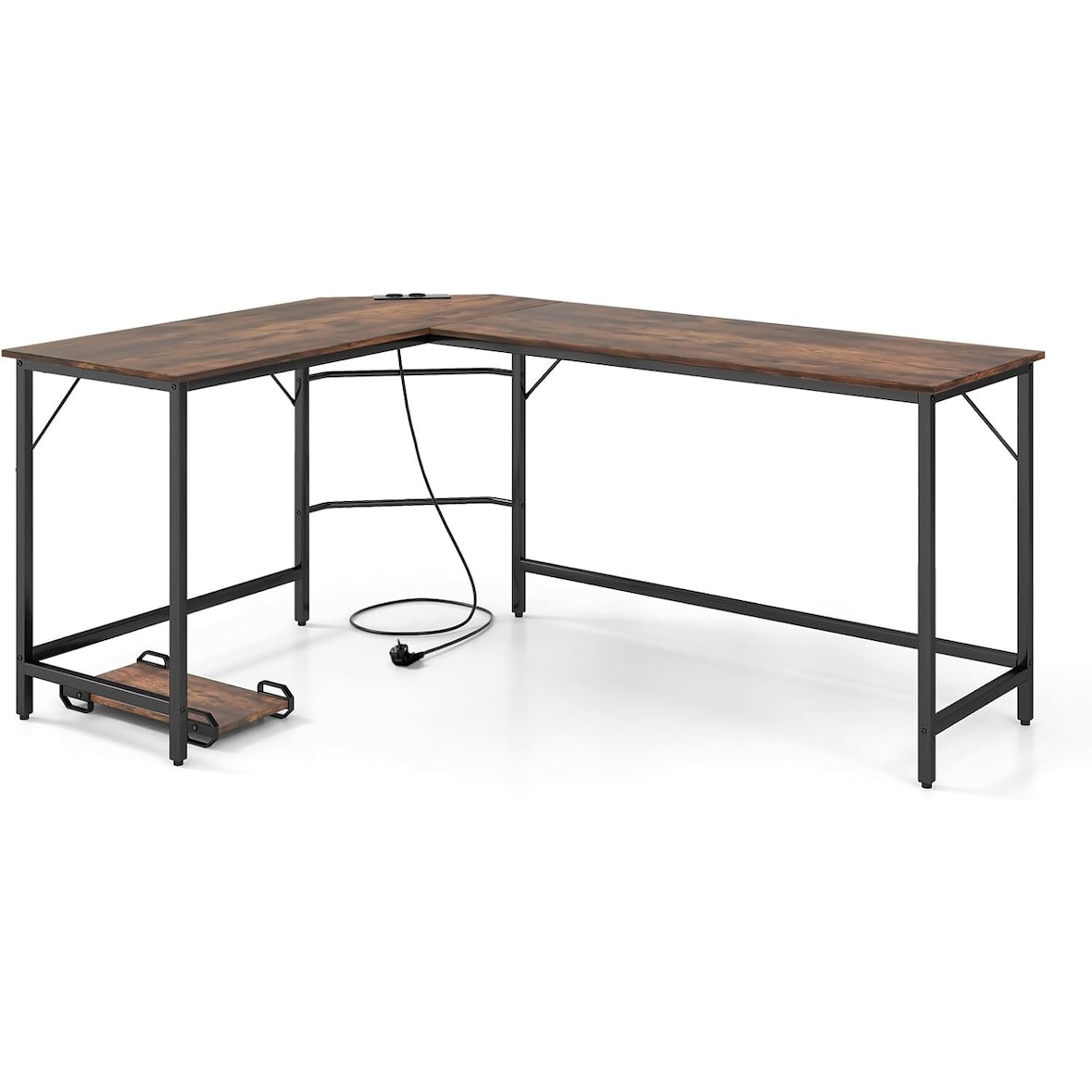 COSTWAY Escritorio en Forma de L con Enchufes y Soporte para CPU, Escritorio de Esquina, Mesa de Oficina para Oficina en Casa