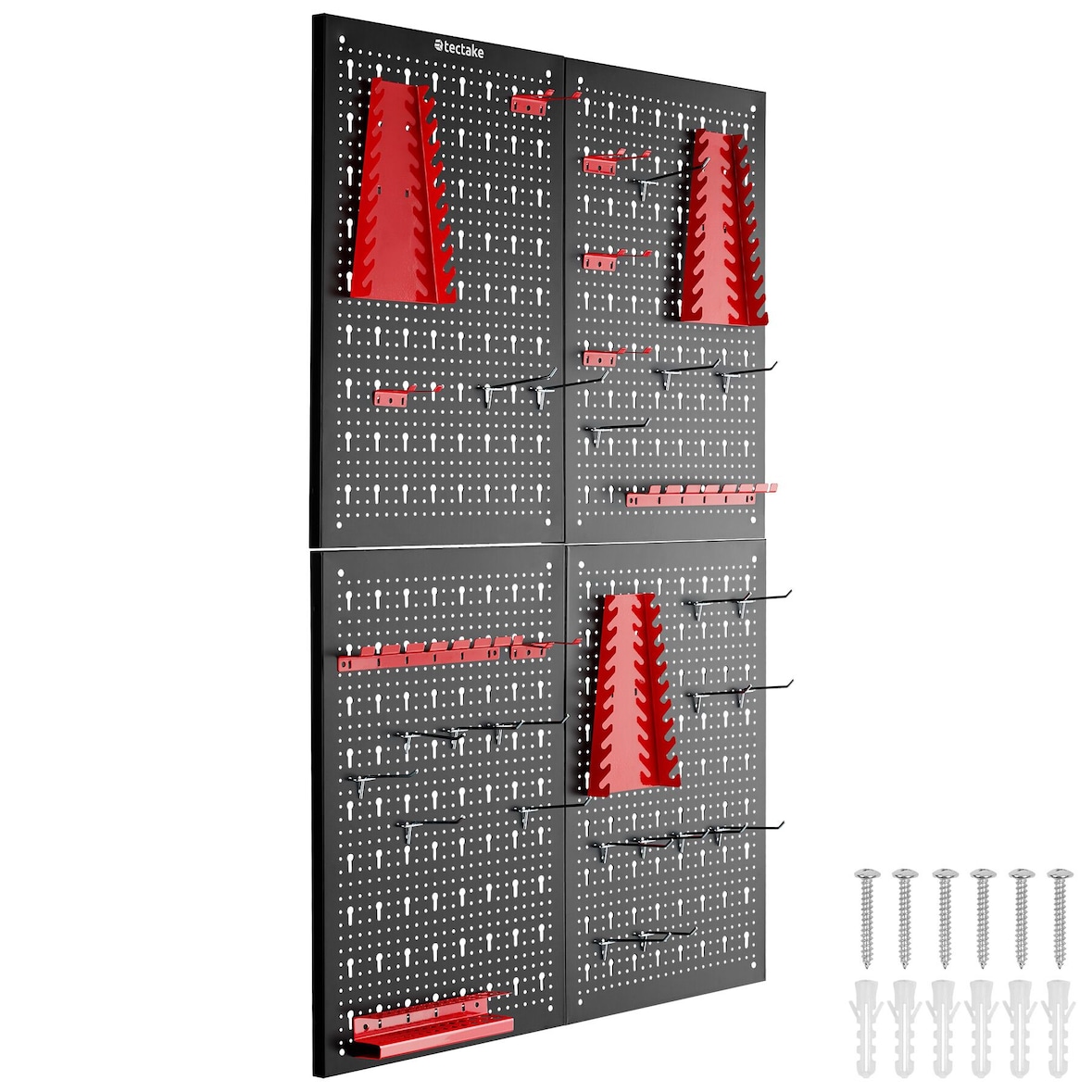 tectake Panel perforado para herramientas JONAH con ganchos y soportes - Juego de 4 negro/rojo