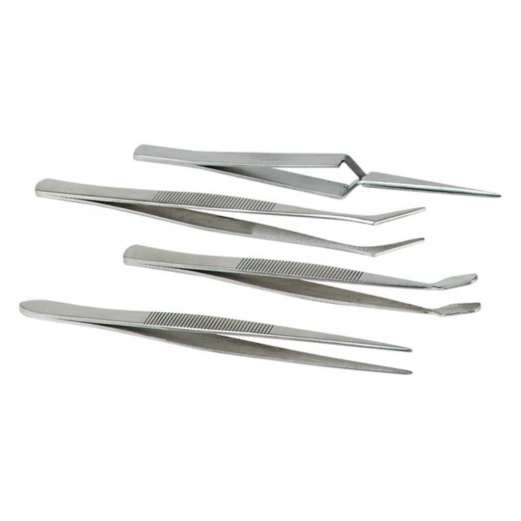Ensemble complet de 4 pincettes, pour le travail de précision, de couleur argentée