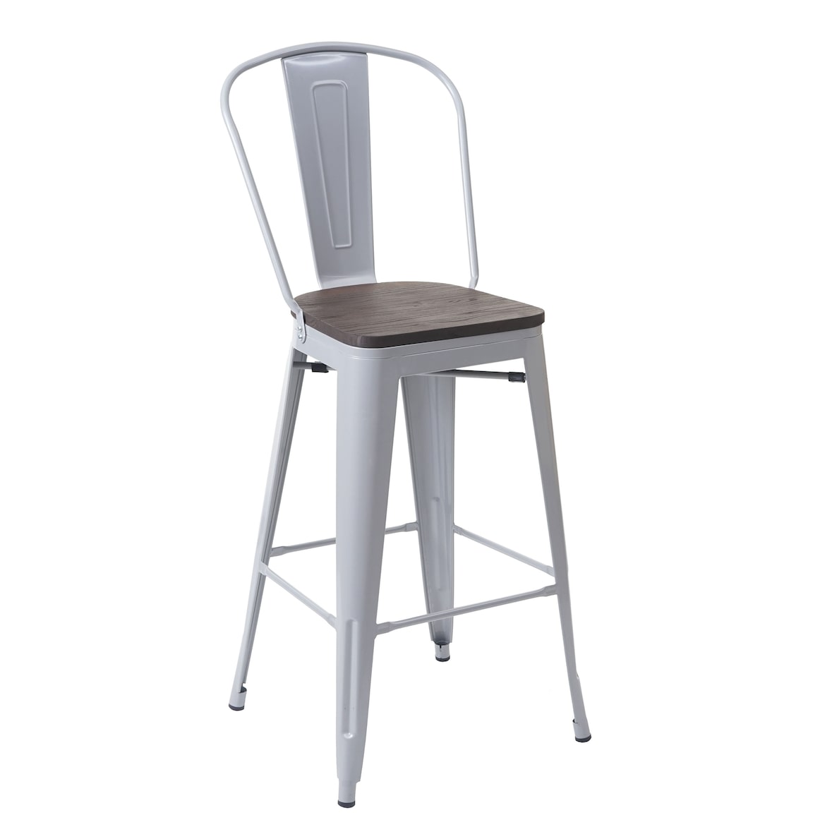 Tabouret de bar HWC-A73 avec assise en bois, chaise de bar, tabouret de comptoir avec dossier, métal design industriel ~ gris