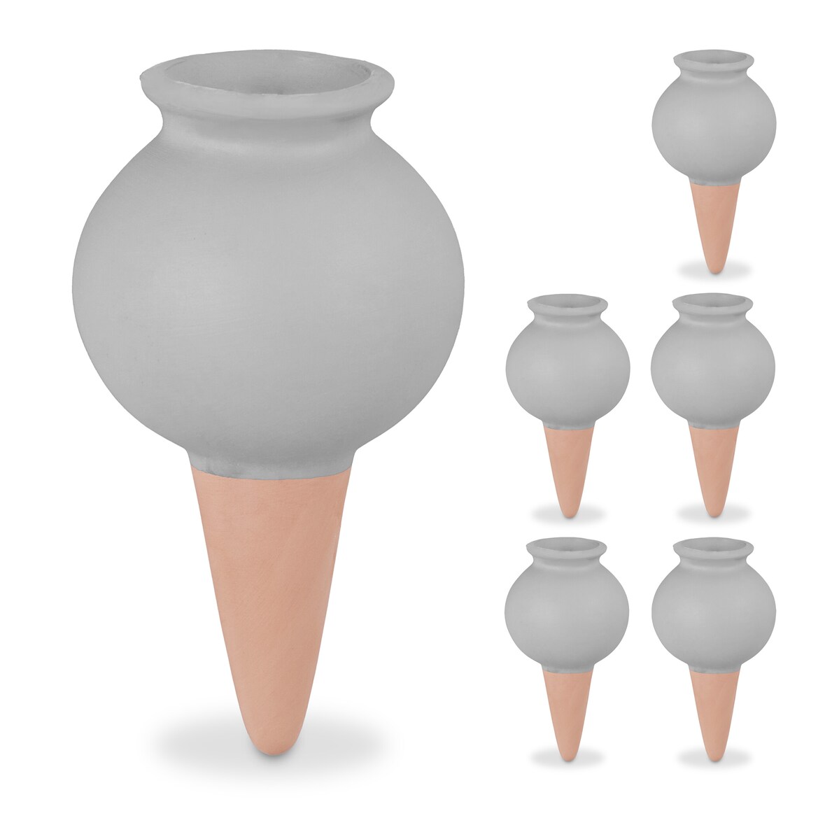Relaxdays Tonspitzen Bewässerung, 6er Set, Wasserspender für Zimmerpflanzen & Balkonkästen, Gießkegel, terrakotta/grau