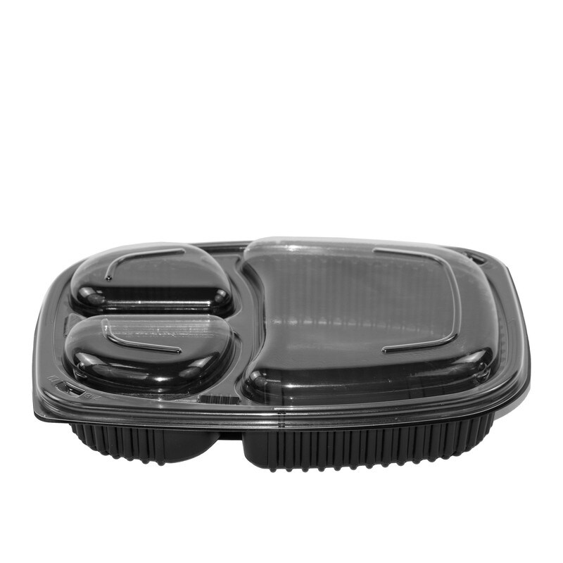 DayBays 1600 Stk. Mikrowellen Menüschale Cookipack 3-geteilt 1250 cc 255x190x45 mm PP Schwarz mit transparentem Deckel