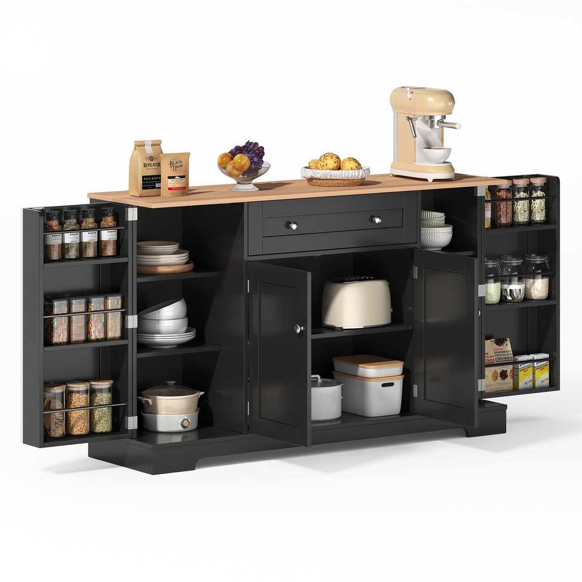 Sideboard 138x40x85 cm mit Schublade, Doppeltürfach und verstellbaren Einlegeböden, kippsicher und geräuscharm, Modernes Eurodesign Schwarz