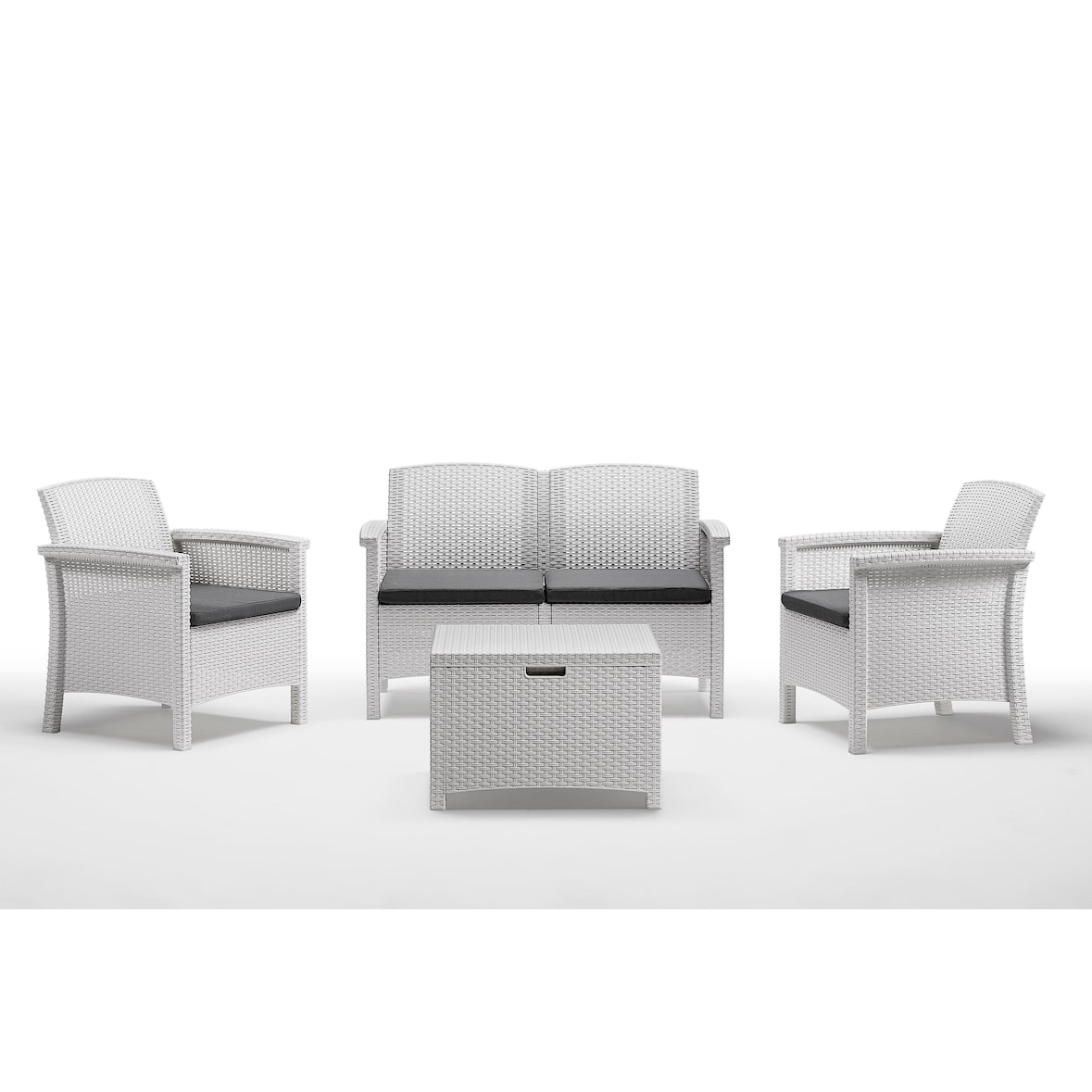 Salotto da Giardino Venezia Rattan 1 divano 2 poltrone 1 tavolino, Bianco con cuscini Grigi
