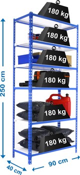 thumbnail of SimonRack Estantería Metálica, 2500x900x500 mm, 6 Alturas, Bandeja Metal, 180 kg de Punto Flexión, Azul/Blanco - Simonclick