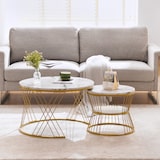 thumbnail of Couchtisch Set 2tlg rund Weiß+Gold Nesting Sofatisch Hochglanz Marmormuster MDF Beistelltische platzsparend mit Metallgestell 45×70×70 cm