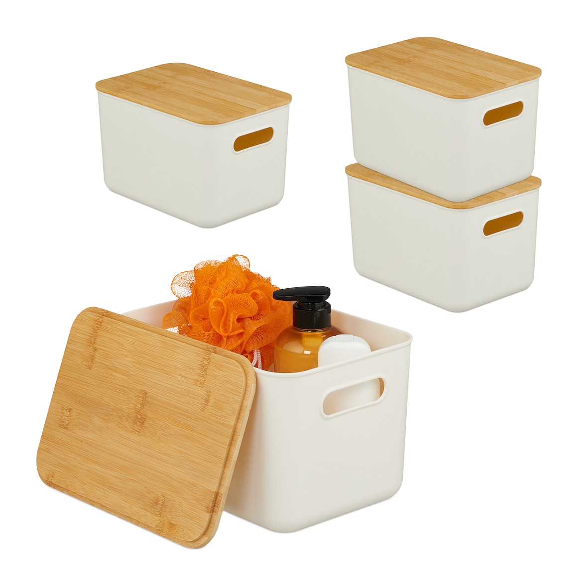 Relaxdays Aufbewahrungsbox, 4er Set, mit Deckel, Kunststoff & Bambus, mit Griffen, Organizer, HBT: 16x26x17,5 cm, weiß