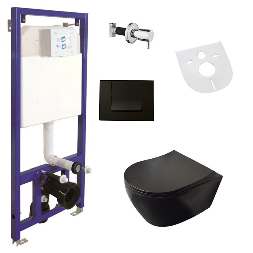 Belvit Spülrandloses Hänge-WC Komplettset Taharet-/Bidetfunktion Softclose-Deckel Vorwandelement Schwarz Matt Schallschutz