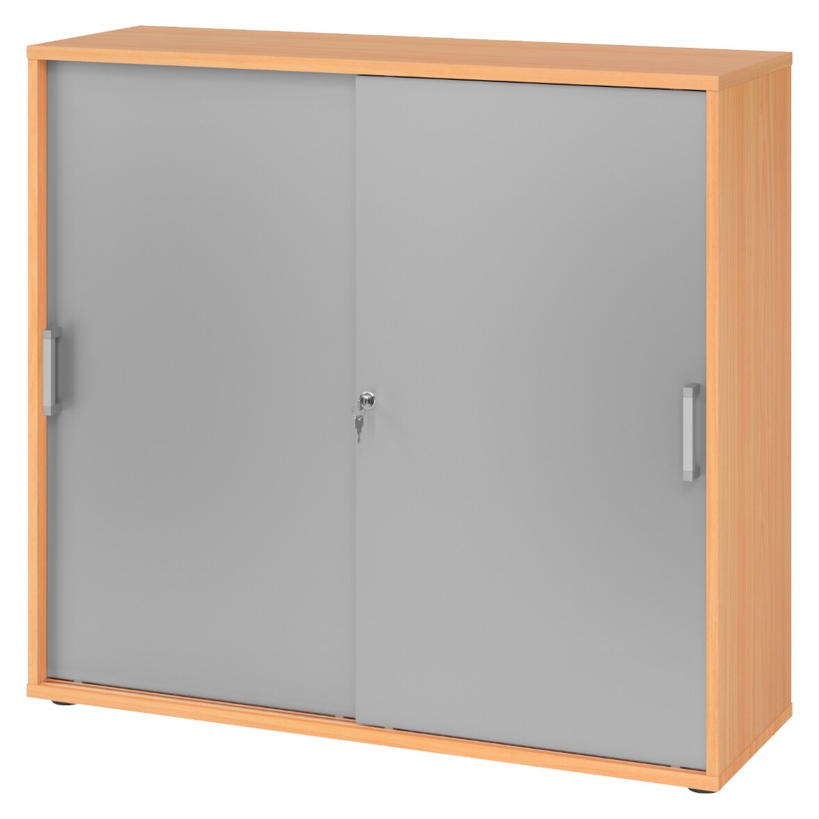 bümö Schiebetürenschrank 3OH - Aktenschrank abschließbar, Sideboard Schrank mit Schiebetüren in Buche/Silber, Chromgriff - Büroschrank aus Holz mit