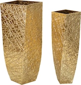 thumbnail of Paar quadratische Vasen aus goldfarbenem Metall – Design mit linearer Reliefstruktur im Glam-Stil, 34 x 34 x 90 cm