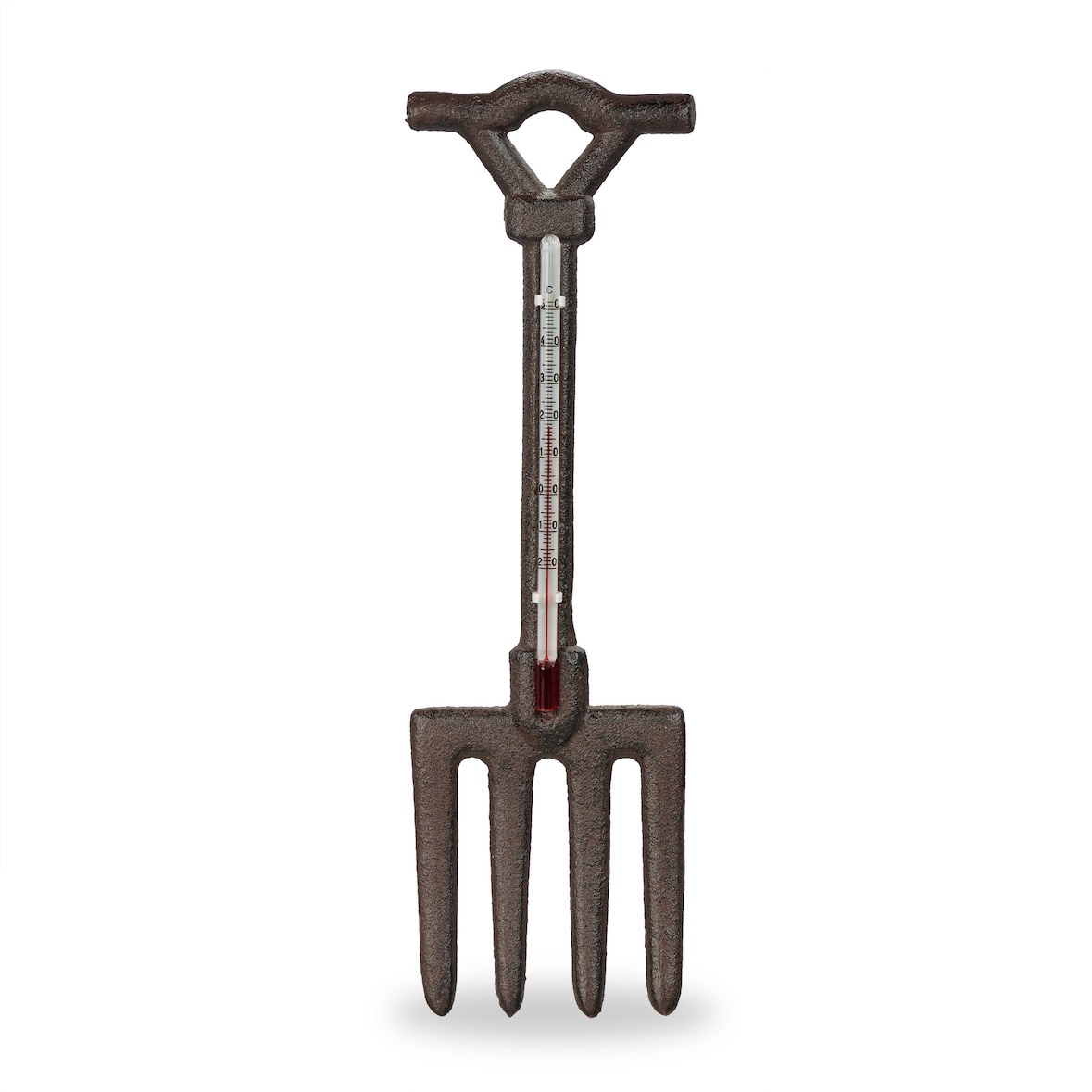 Relaxdays Außenthermometer analog, Gusseisen, Garten Thermometer Wand, antikes Mistgabel-Design, H x B: 30 x 9 cm, braun