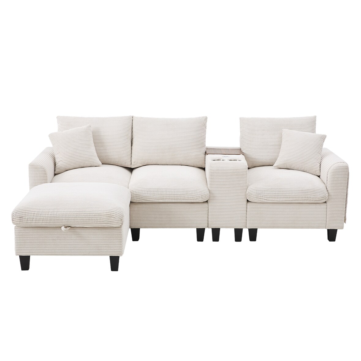 Modernes L-Form Ecksofa 229x149x83 mit USB-Anschluss und Stauraum – Komfortables Sofa mit Kissen und Hocker, Beige