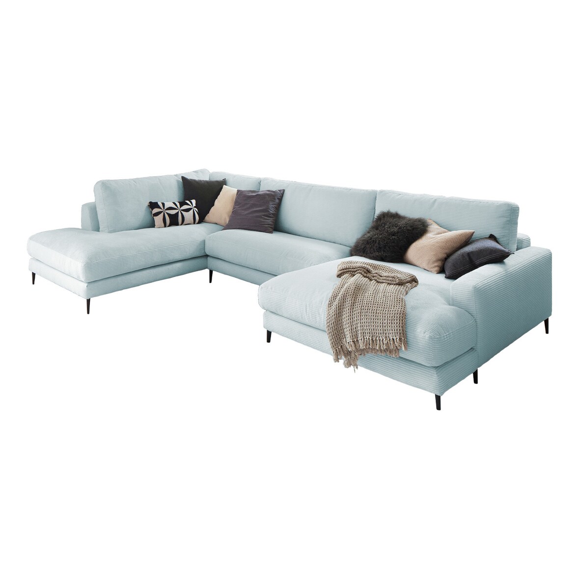 KAWOLA Sofa CARA Wohnlandschaft U-Form Cord hellblau Longchair rechts