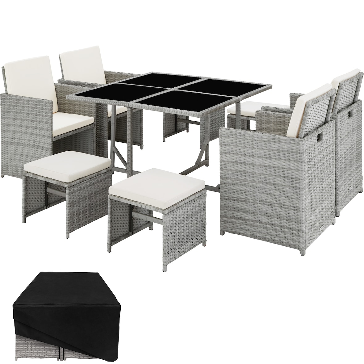 tectake Conjunto de ratán Bilbao 4+4+1 funda protectora  Gris Claro