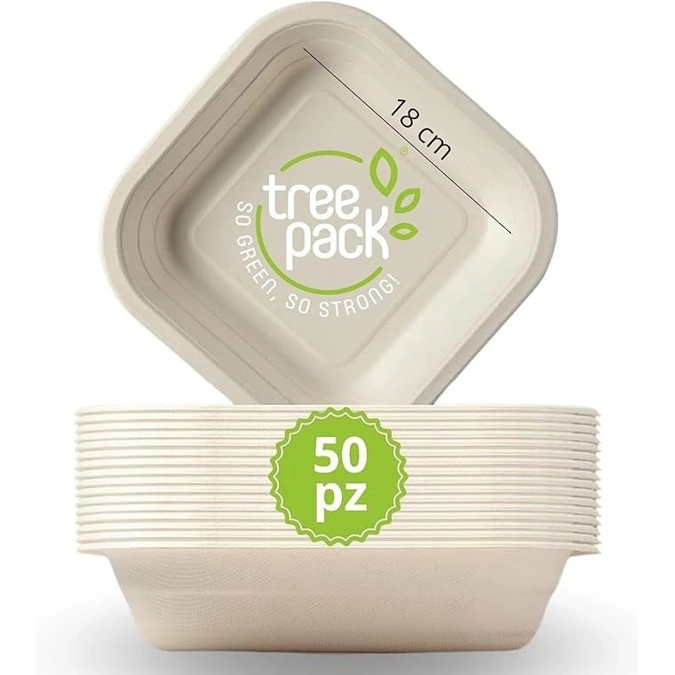 TreePack - Piatti compostabili monouso da 50Pz in Canna da Zucchero Capacità 530 ml, Piatti Biodegradabili per Microonde resistono da -18 °C a +200 °C