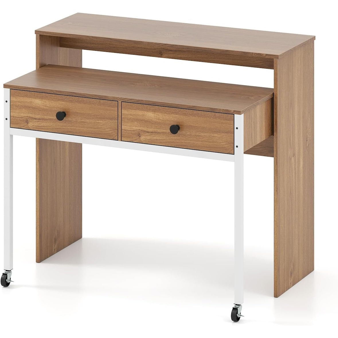 COSTWAY Escritorio Extensible con 2 Cajones, Escritorio con 2 Ruedas, Pequeño Tocador, Mesa de Consola, Dormitorio